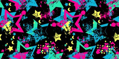 Spor tekstili, giysi ve ambalaj kağıdı için soyut, dikişsiz Grunge yıldız desenleri. Gri, pasaklı, sonu gelmeyen bir süs. Desenli monokrom tekrarlanan yazdırma.