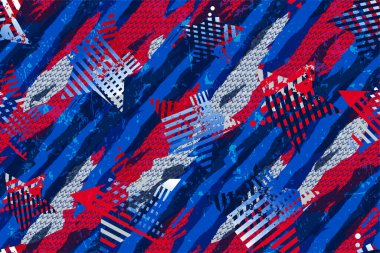 Amerikan yıldızları, arka planda grunge vuruşlarında pürüzsüz desen oluştururlar. Spor tekstili, giysi, ambalaj kağıdı için kamuflaj baskısı. ABD yıldızlarla sonsuz süsleri renklendirir. Amerikan tekrar baskısı.