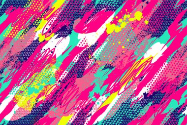 Mavi, pembe, sarı ve beyaz renklerde soyut, pürüzsüz desen. Fırça darbeleri düzensiz çizgili kamuflaj süsü. Spor tekstili, kumaş, giysi için kamuflaj grunge stili ile renkli vuruşlar