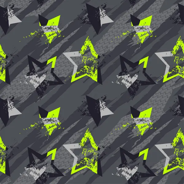 Grunge, spor tekstili, kıyafet ve ambalaj kağıtları için yıldızlarla kusursuz bir kamuflaj deseni oluşturur. Gri ve neon yeşili, pasaklı, sonsuz süs. Desenli monokrom tekrarlanan yazdırma.