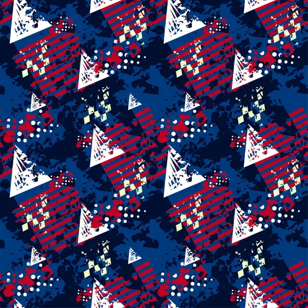 Soyut dikişsiz grunge geometrik desen. Dokulu Geometrik tekrar baskısı. Kaotik tekrarlanan süs. Amerikan bayrağının sonu gelmez pis boyası. Geometrik ABD deseni
