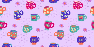 Gülümseyen kahve fincanı ve basit çiçeklerle mükemmel bir çizgi film deseni. 70 'lerin komik kupa süsü. 60 'ların çizgi film baskısı 70' lerin biçim vektör illüstrasyonu