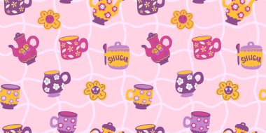 Gülümseyen kahve fincanı ve basit çiçeklerle mükemmel bir çizgi film deseni. 70 'lerin komik kupa süsü. 60 'ların çizgi film baskısı 70' lerin biçim vektör illüstrasyonu