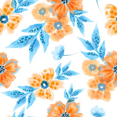 Mavi ve turuncu renkli çiçeklerle kusursuz desen. Haşhaş pembesi çiçekleri. Vektör çiçek çizimi. suluboya tekstil çiçek tasarımı