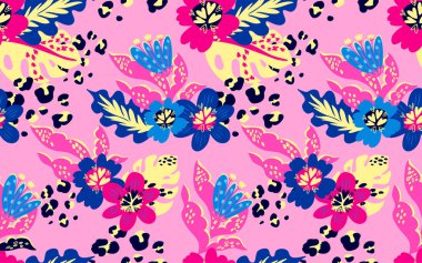 Moda tekstil ürünleri, giysiler, ambalaj kağıtları için çiçeksiz desen tasarımı. Leopar benekli pembe arka planlar, yapraklar. Çiçek süsü.