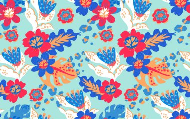 Moda tekstil ürünleri, giysiler, ambalaj kağıtları için çiçeksiz desen tasarımı. Leopar benekli, yapraklı, çiçek arkaplan. Çiçek süsü.