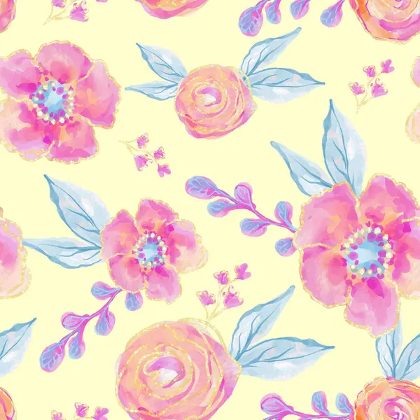 Seamless pattern with flowers in pink blue and orange colors. Poppy pink flowers background. Vector floral illustration. watercolor textile flowers design