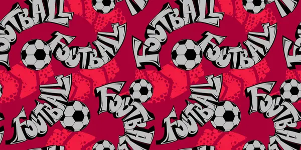 Kırmızı zemin üzerinde duvar yazısı ve futbol topu olan soyut, pürüzsüz futbol deseni. Futbol topu süsü. Erkek çocuk, spor tekstili, kıyafetler, ambalaj kağıdı.