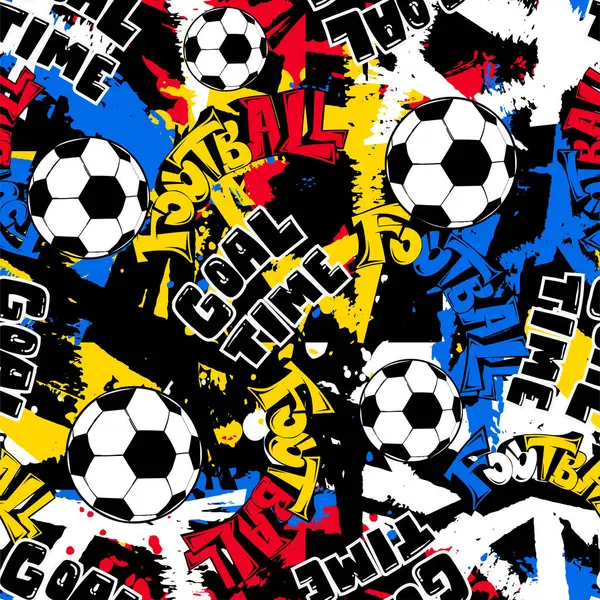 Erkekler için soyut, pürüzsüz desen. Grunge kentinin arka planında futbol deseni var. Futbol topuyla renkli spor desenleri. Fırça darbeleri duvarı ve metin hedef zamanı