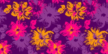 Yapraklar ve çiçeklerle pürüzsüz bir desen. Mor ve sarı arkaplan çiçekli. Grunge desenli çiçek süsü moda tekstili, spor giysileri, kumaş, ambalaj kağıdı
