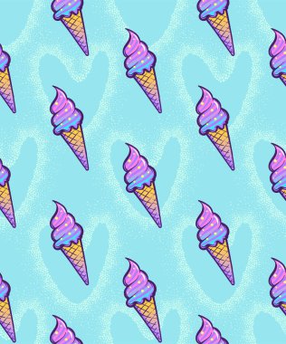 Waffle külahında dondurma. Dondurma, mavi kalplerin arka planında kusursuz desen..