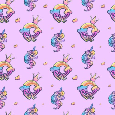 Çizgi filmdeki tek boynuzlu at, gökkuşağı, bulutlar, taç, kalp, metin kız. Kumaş, tekstil, baskı ve ambalaj için tek boynuzlu at bebek süsü.