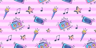 Çizgi film teybi, mikrofon, ses kaseti, yıldızlar, çizgili arka plan notları. Çizgileri ve müzik ögelerinin taslak biçimi ile Kusursuz Müzik Deseni.