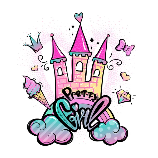 Pembe arka planda peri bulutu şatosu olan vektör çizimi