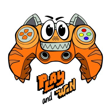 Av alanı canavar kaplanı. Canavar oyun alanı kedisi. Büyük gözlü, kulaklı, gülen yüzlü bir çizgi film karakteri. Dijital teknoloji kaplanı. Oyun çubuğu baskısı ile 8 ısırık metni Oynat, Kazan, Piksel metni