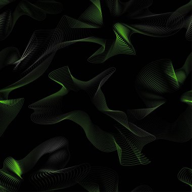 Kusursuz dalgalı çizgi deseni. Yeşil dijital çizgiler siyah arkaplan. Pankart, iş arkaplanı, ambalaj kağıdı, tekstil için çizgili süs.