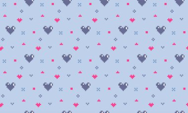 Şefkat kolay Pikseller Sevgililer Günü için kalp süsü. Mor arkaplanda piksel kalpler pürüzsüz desen.