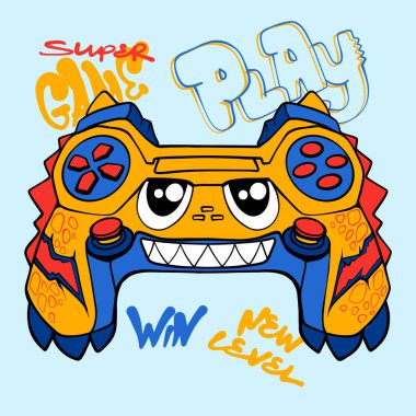 Canavar oyun alanı çizimi. Çizgi film joystick baskısı. Oyun evi baskısı. Gülümseyen ve kornalı ejderha oyun alanı baskısı, metin çal ve kazan