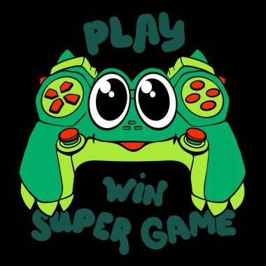 Canavar oyun alanı çizimi. Çizgi film joystick baskısı. Oyun evi baskısı. Gülümseyen ve kornalı ejderha oyun alanı baskısı, metin çal ve kazan