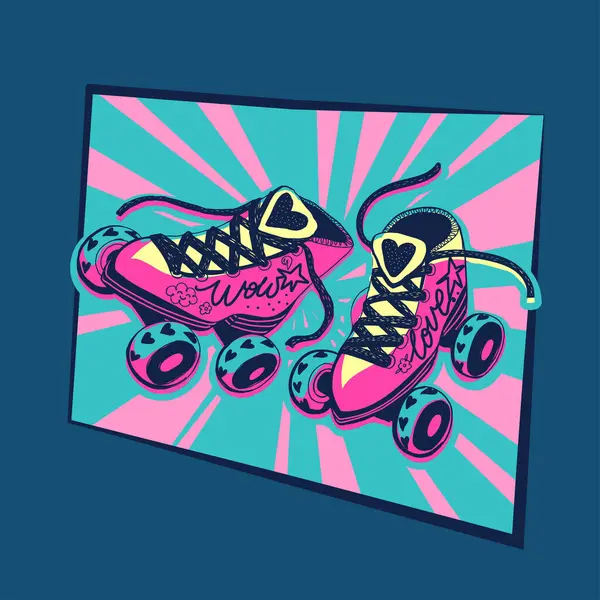 stock vector Pair of vintage roller skates 80s style. Sketch style girlish roller skates print. Comics style shoes