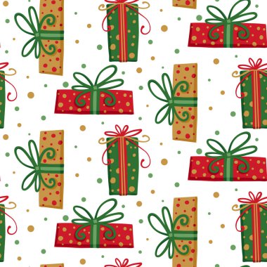 Gift box seamless pattern christmas background. Ornament present and gift box decoration for birthday and holiday. For fabric and textile. Celebration backdrop. Vector