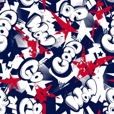 Typography seamless grunge pattern with street art urban text on grunge background with stars USA flag colors print. Grunge background with lettering and stars