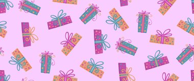 Birthday seamless pattern with presents and gift box decoration for birthday and holiday wrapping paper. For fabric and textile. Celebration backdrop.