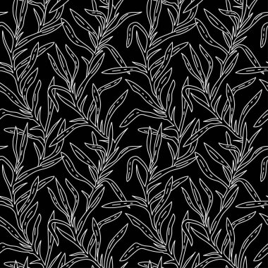 Tarragon leaf seamless pattern. Linear Floral ornament with hand drawn aromatic garden herbs, leaves outline print. Monochrome Vintage botanical vector illustration