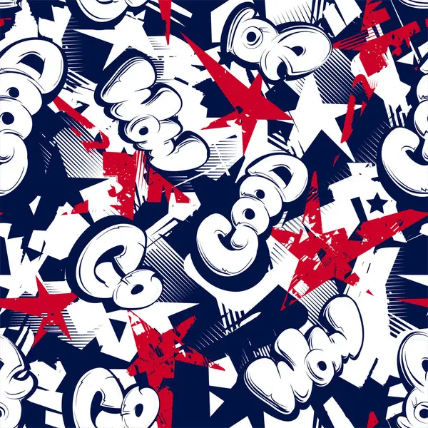 Typography seamless grunge pattern with street art urban text on grunge background with stars USA flag colors print. Grunge background with lettering and stars