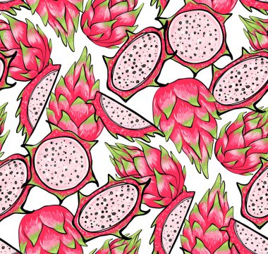 Seamless pattern with dragon fruits isolated on pink background. Vector Illustration of the exotic tropical pitayas.