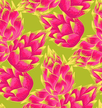 Seamless pattern with dragon fruits isolated on pink background. Vector Illustration of the exotic tropical pitayas.