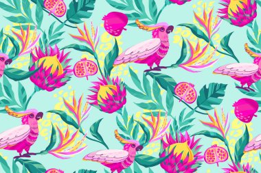 Tropical seamless pattern with protea, strelitzia flowers, jungles leaves, parrot, pomegranate, leopard spots on blue background. Floral textile tropical ornament. Exotic wrapping paper