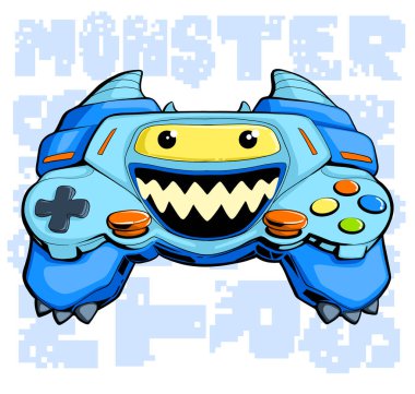 Monster gamepad cartoon character with pixel text. Game pad print monster with horn and smiling face. Game pad t shirt design on white background