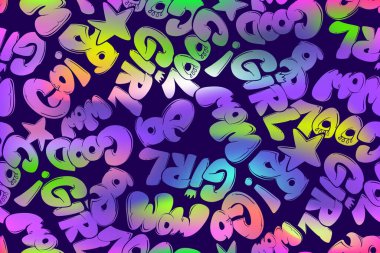 Graffiti yazı arkaplanı olan soyut, kusursuz harf kalıpları. Gradyan harfler gökkuşağı renginde süsleme. Kız spor giysileri, moda tekstili için sokak sanatı tarzı metin arkaplanı