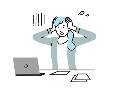 Bir bilgisayar - İş kadını simgesi - Basit vektör çizimi materyali - bir iş kadını başarısızlığını fark edince kaygılanır.