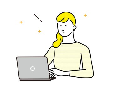 Bilgisayarın önündeki kadın - üst beden - iş kadını simgesi - basit vektör illüstrasyon materyali