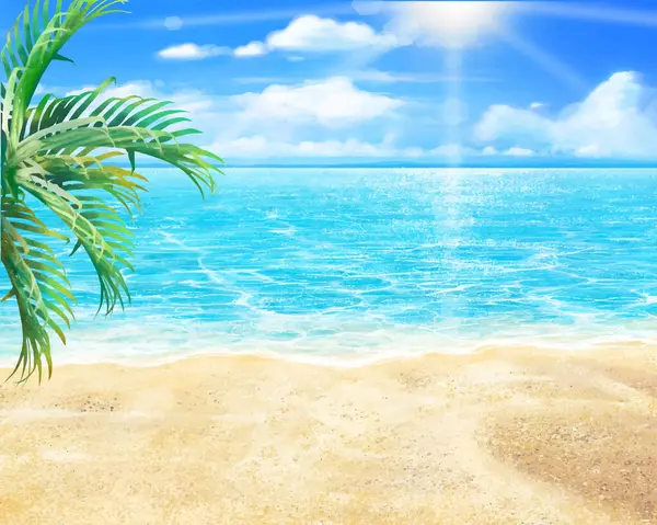 Palmiye ağaçları, yaz plajı ve güneş - mavi gökyüzü ve bulutlu deniz.