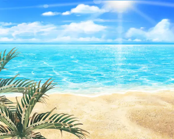 Güzel mavi gökyüzü, palmiye ağacı ve deniz, kumlu sahil ve yazın bulanık bulutlar..