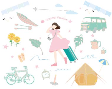 Yaz tatili için çeşitli açık hava ürünleriyle gezen bir kadının vektör illüstrasyonu.
