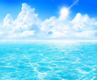 Yaz denizi ve parlayan güneş - güzel bir yaz plaj çerçevesi mavi gökyüzü ve bulutlu denizin resmi.