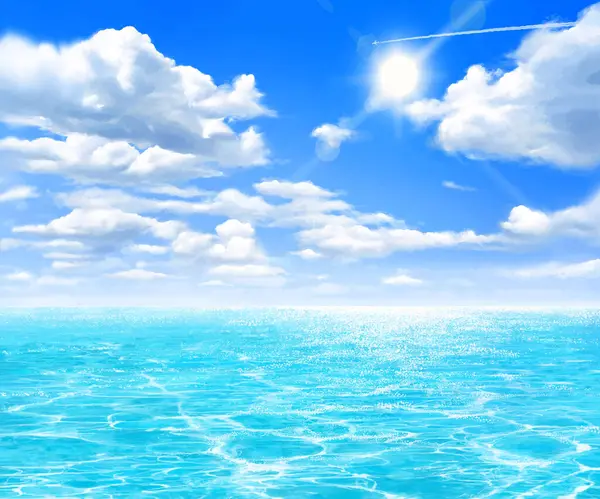 Yaz denizi ve parlayan güneş - güzel yaz kumsal çerçevesi bulutlu mavi gökyüzü ve denizin çizimi - vektör illüstrasyon arka planı .