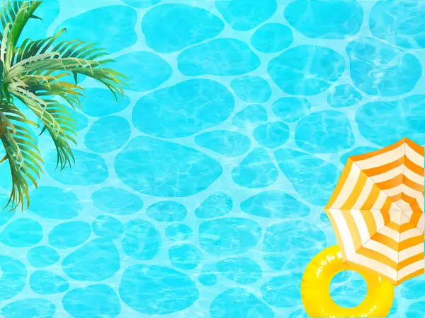 Havalı yaz arkaplanı, sarı şamandıralar ve gökyüzünden görünen güzel denizde yüzen palmiye yaprakları..