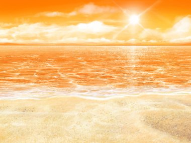 Güzel deniz kenarı yaz manzarası günbatımı ışığı altında gökyüzü ve sahil kenarında gün batımında parlayan.