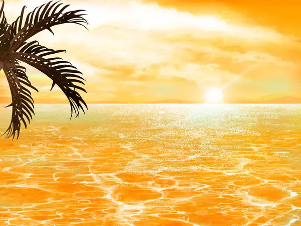 Gün batımının altında, güzel, parlak deniz boyunca palmiye ağaçları..