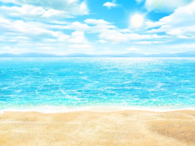 Yaz kumlu plaj - güzel tatil beldesi arka plan resimlerinde mavi gökyüzü ve deniz güneş ve bulutlar.