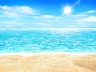 Yaz kumlu plaj - güzel tatil beldesi arka plan resimlerinde mavi gökyüzü ve deniz güneş ve bulutlar.