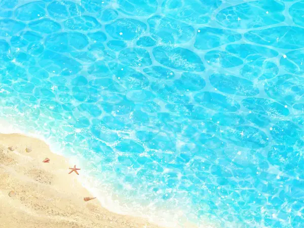  Deniz yıldızlarıyla parıldayan dalgaların ve kumsalda kabukların güzel arkaplanı..