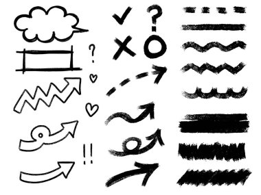 Graffiti çizgileri tebeşir fırçası elementleri ayarlandı. Doku fırçası darbeleri kareler, spiraller, oklar graffiti çizgileri el çizimi tasarımı. Kalem stili boya. Vektör illüstrasyonu