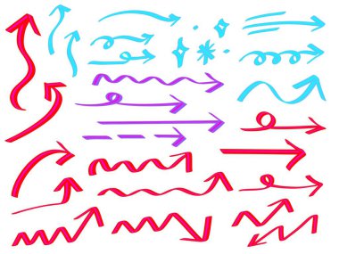  El çizimi oklar, desen kalemi, fırça çizgileri ve ok ikonu vektör eli basit şirin bir set çizildi