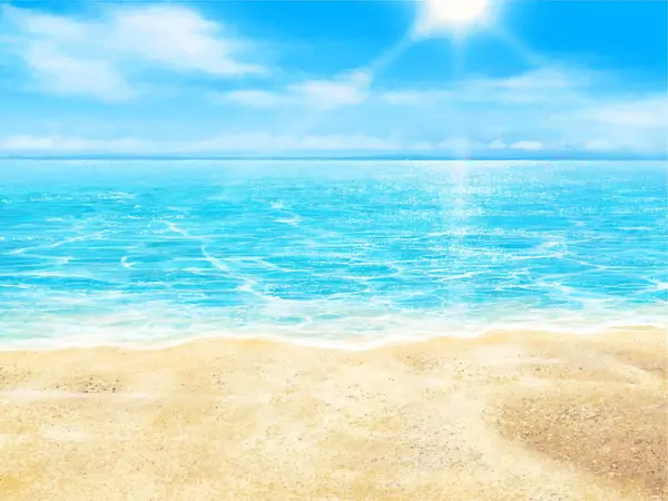 Yazın kumlu sahilin güzel çerçeve çizimi, bulutlu mavi gökyüzü ve deniz.